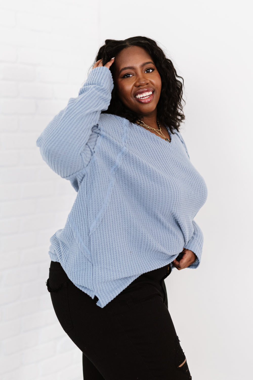 Jodifl Stay Awhile Waffle Long Sleeve Knit Tee -