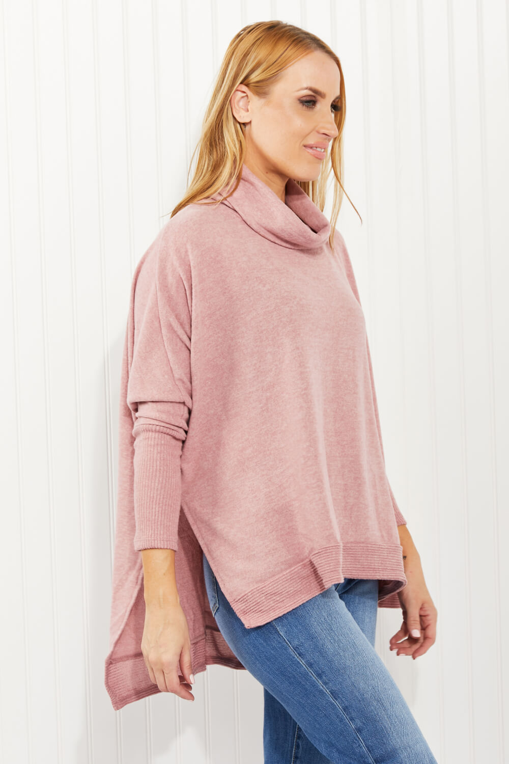 Zenana Love and Cuddles Full Size Cowl Neck Poncho Sweater in Light Rose -