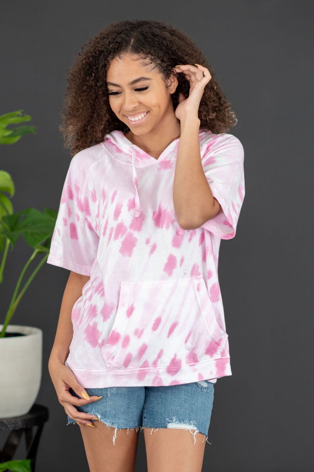 Sew In Love Watching Clouds Tie-Dye Short-Sleeved Hoodie in Neon Pink -