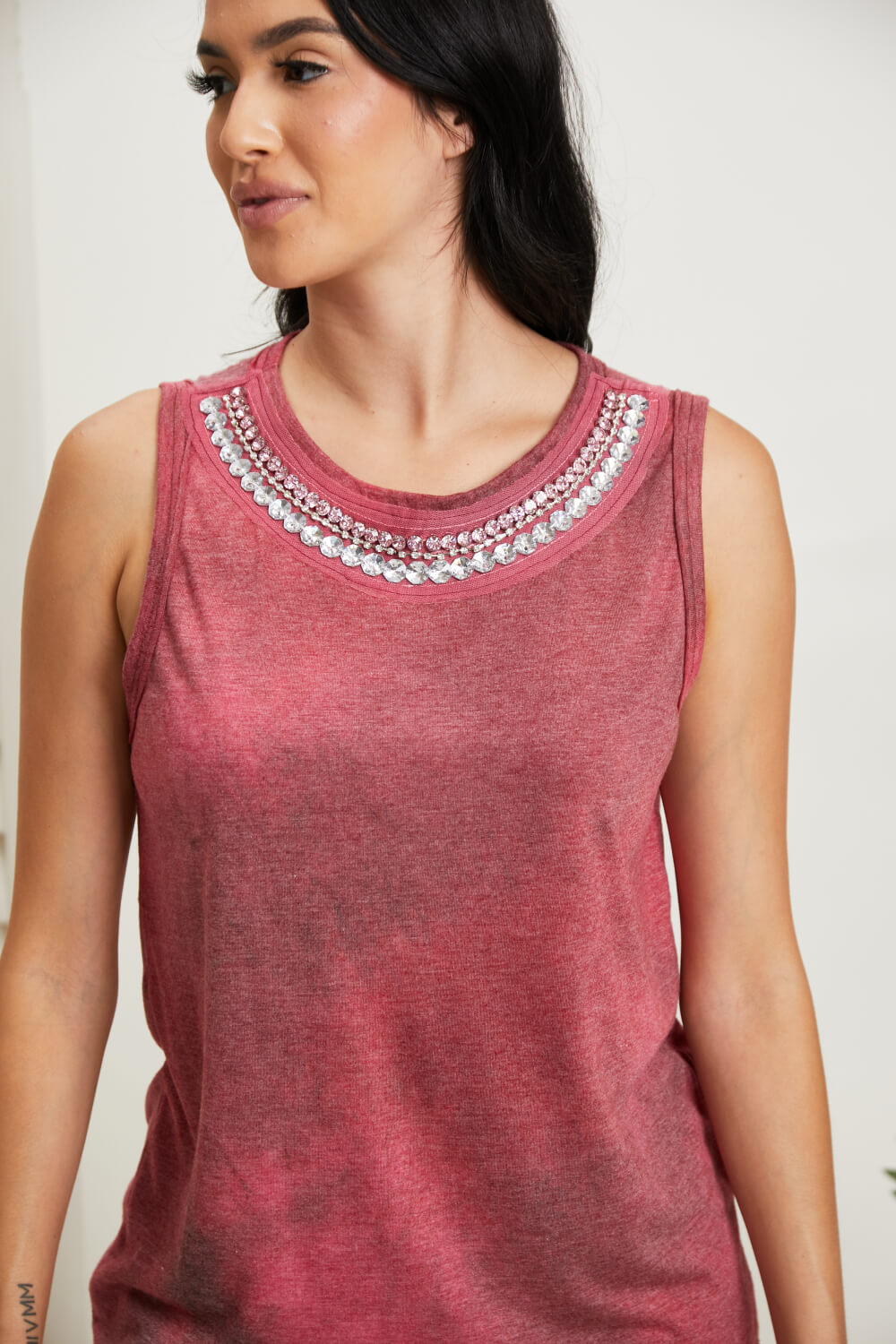 Vocal Finest Hour Acid Wash Rhinestone Neckline Tank in Wine -
