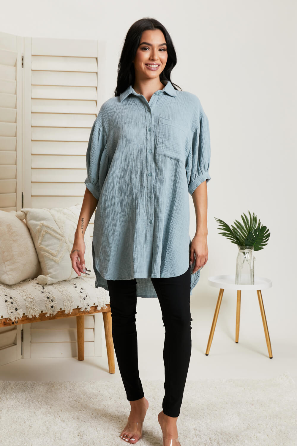 GeeGee La La Land Gauze Button-Up Tunic in Sage -