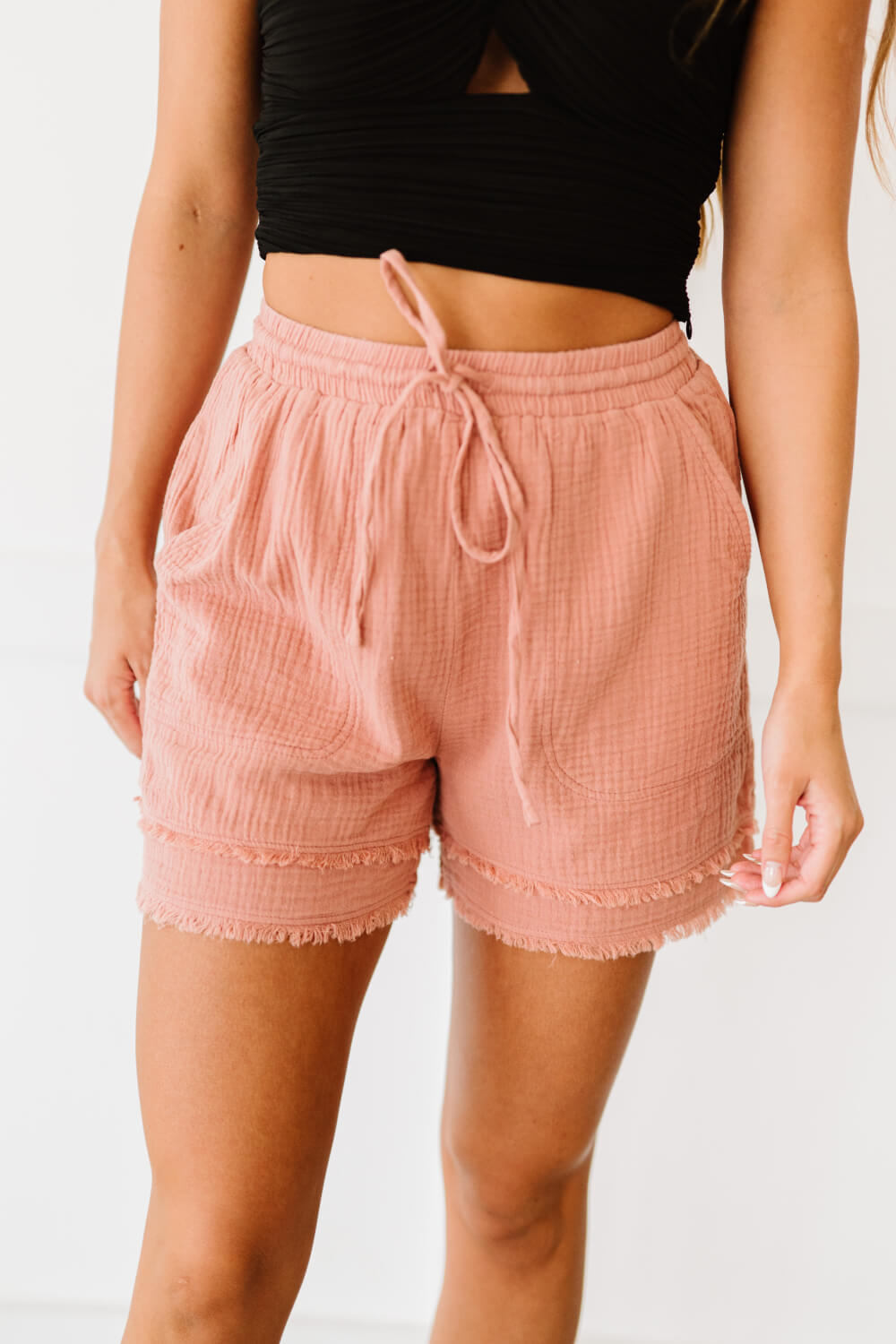 Cotton Bleu Kiss and Make Up Frayed Hem Shorts in Mauve -