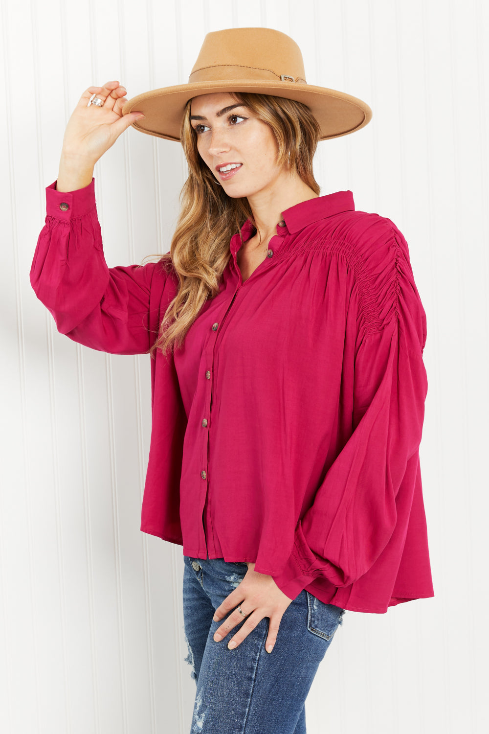 Andree by Unit Delectable Taste Full Size Ruched Detail Button-Down Shirt -