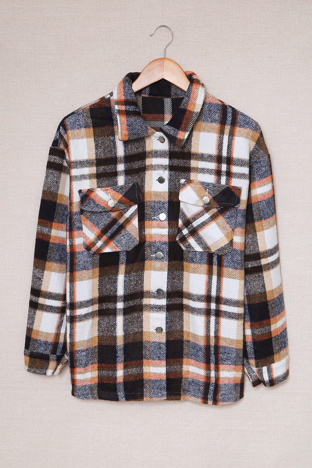 Plaid Button Front Shirt Jacket with Breast Pockets -
