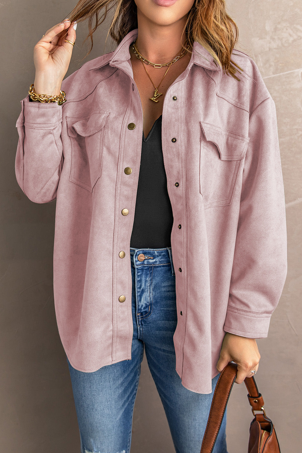 Suede Snap Front Dropped Shoulder Jacket - Pink / M