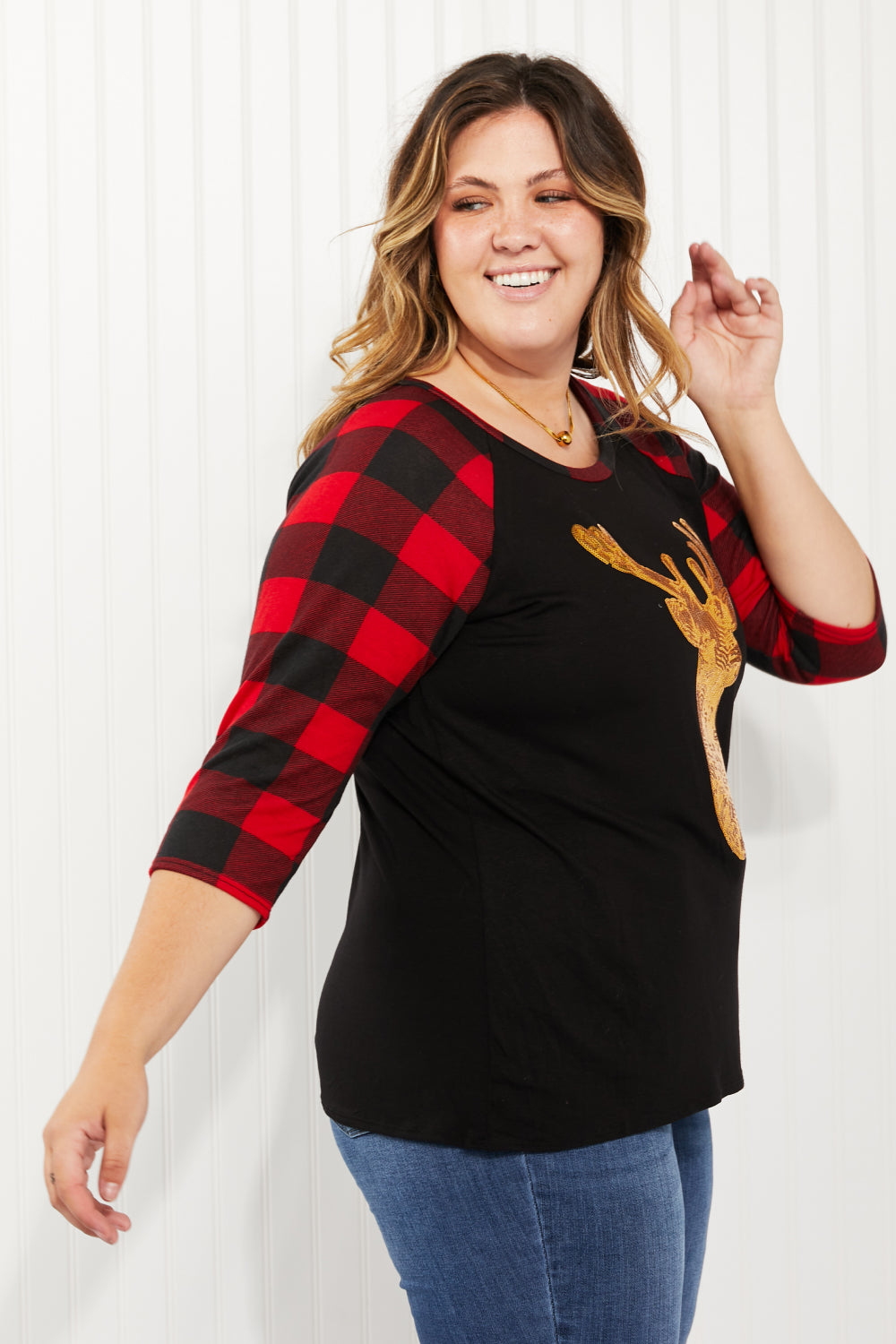 Acting Pro Oh Deer Full Size Sequin Plaid Sleeves Top -