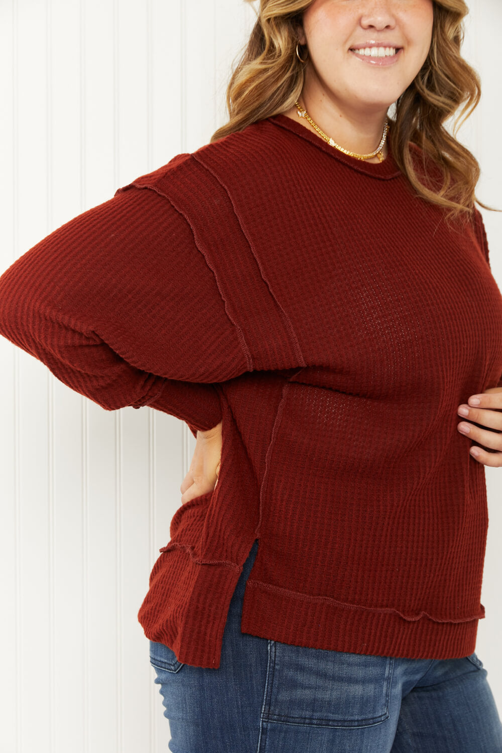 Zenana Alta Heights Full Size Waffle Knit Exposed Seam Sweater -