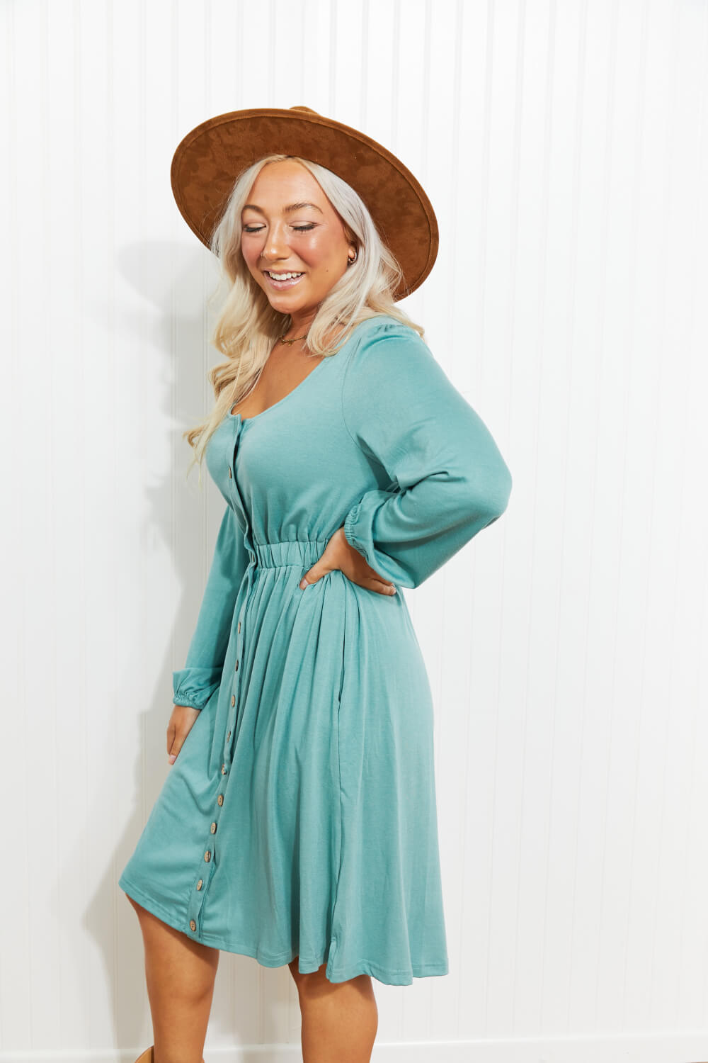 Scoop Neck Empire Waist Long Sleeve Mini Dress -