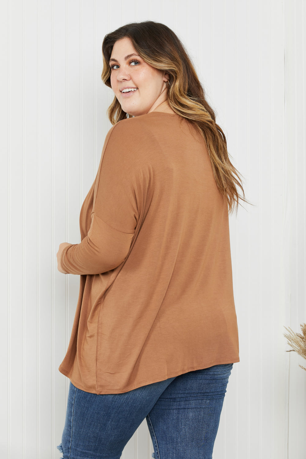 Zenana Full Size Round Neck Dropped Shoulder Tunic Top in Deep Camel -