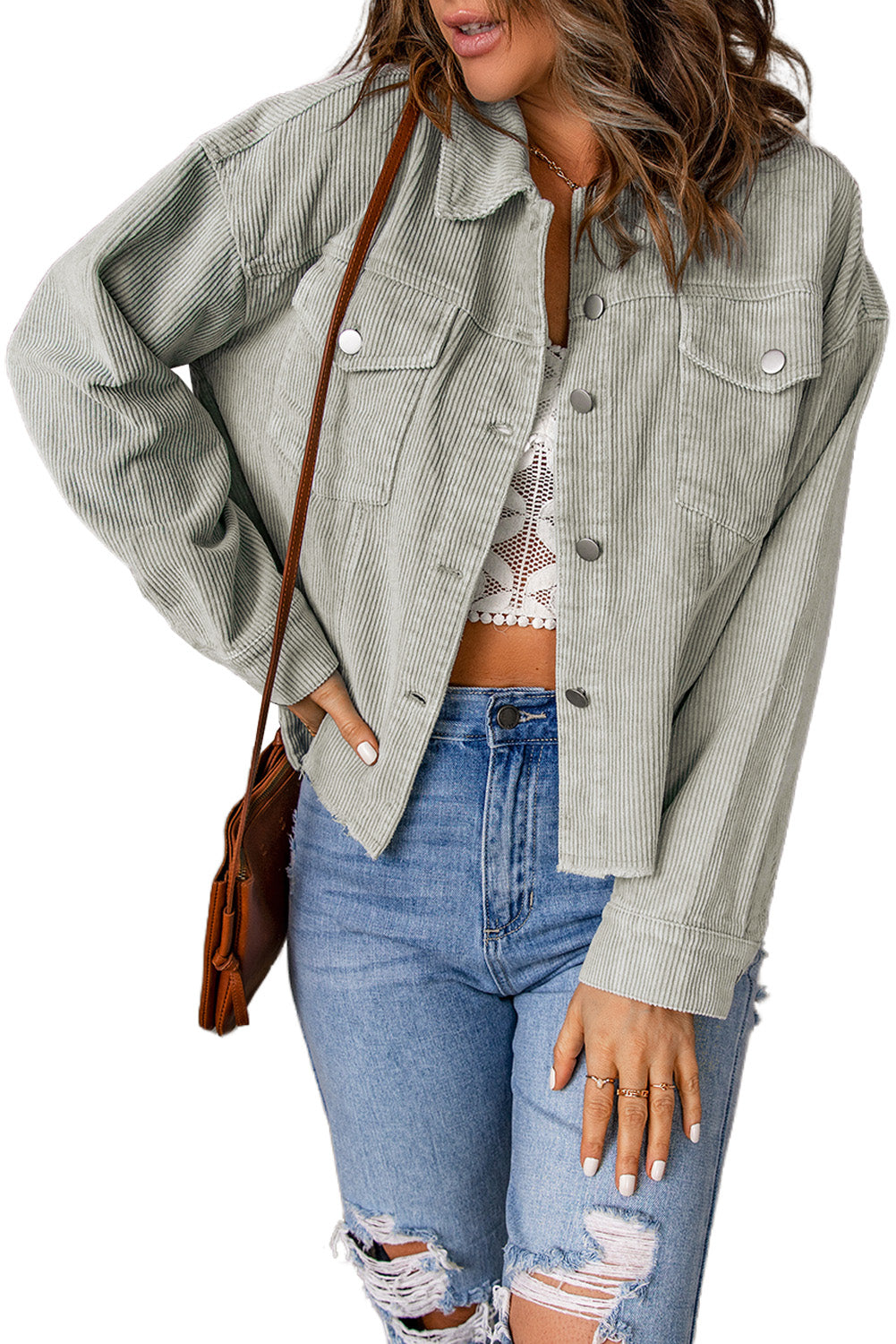 Raw Hem Button Down Corduroy Jacket with Pockets -