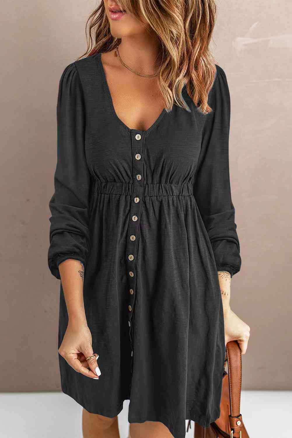 Scoop Neck Empire Waist Long Sleeve Mini Dress -