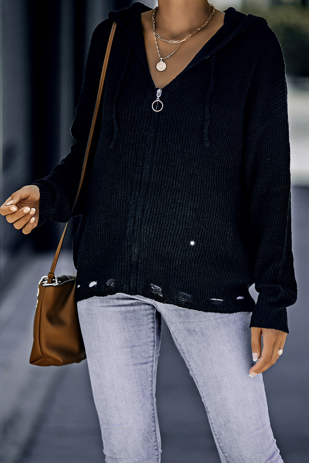 Zip-Up Distressed Hooded Cardigan -