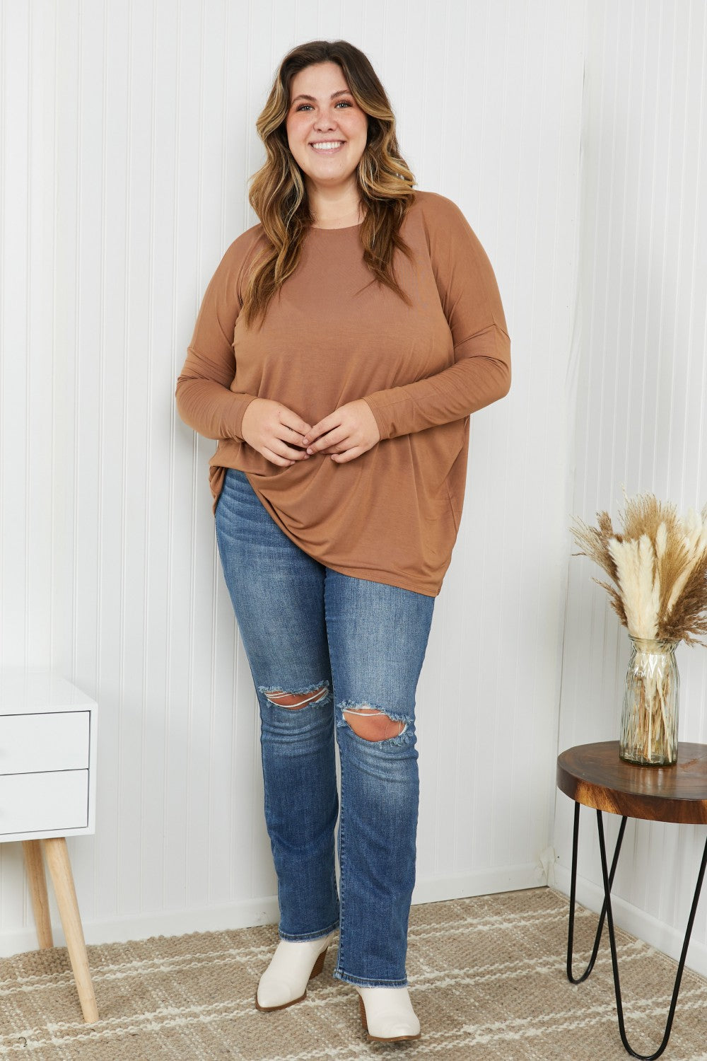 Zenana Full Size Round Neck Dropped Shoulder Tunic Top in Deep Camel -