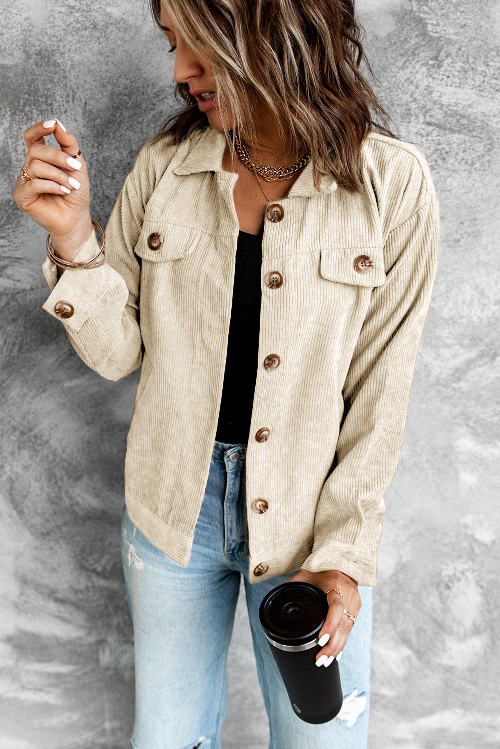 Corduroy Long Sleeve Jacket - Beige / S