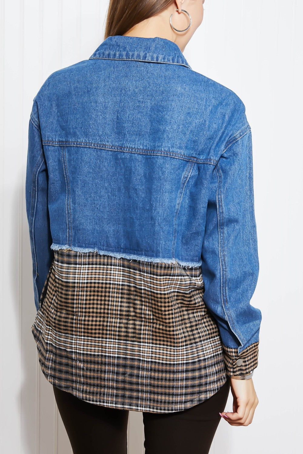 CY Fashion Porch Views Plaid Spliced Denim Jacket -