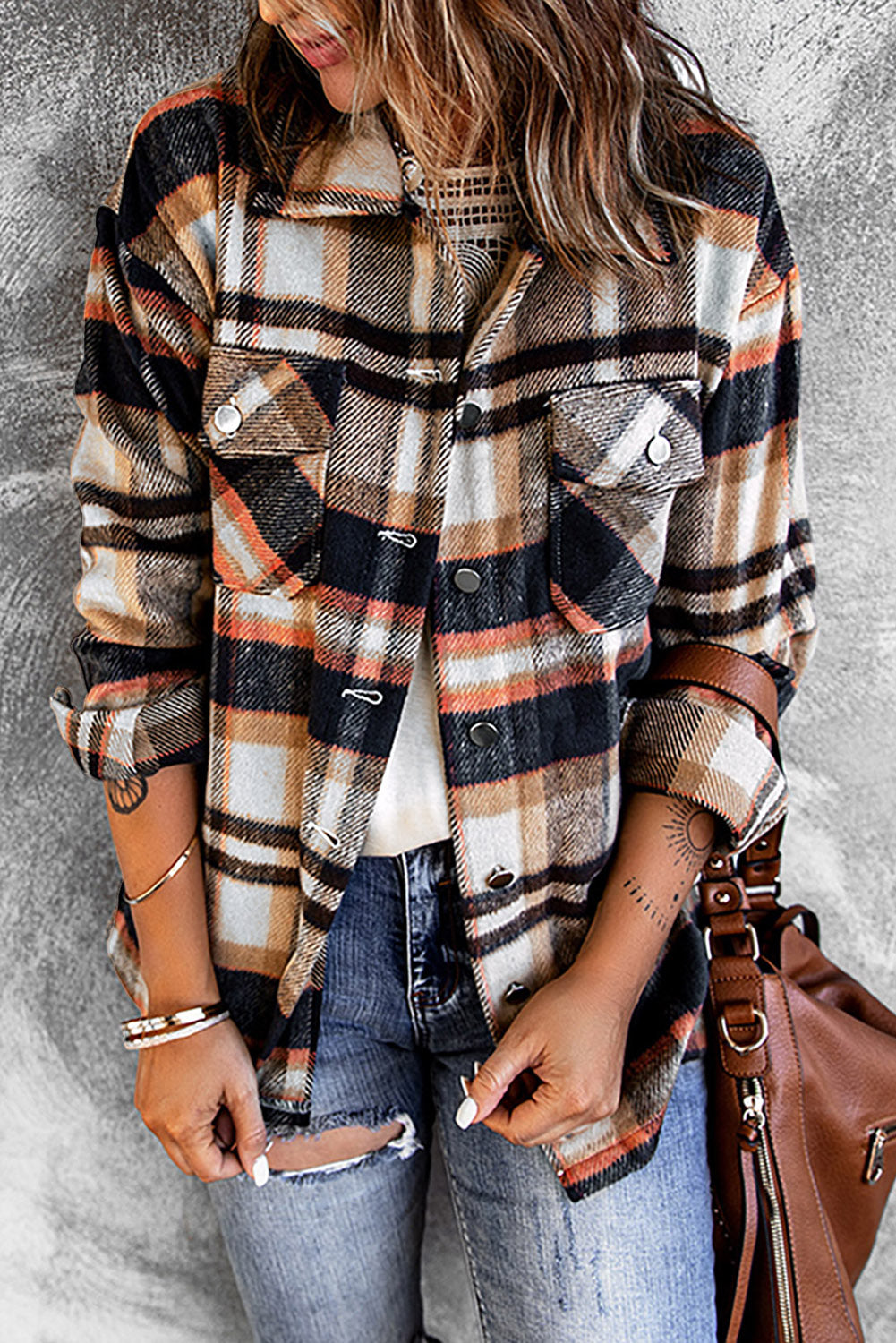 Plaid Button Front Shirt Jacket with Breast Pockets -