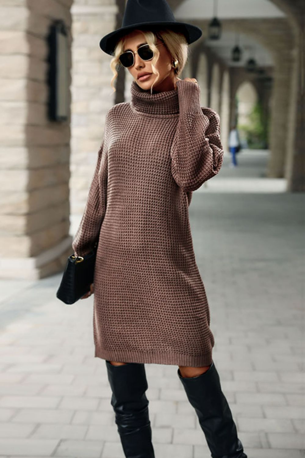 Turtleneck Dropped Shoulder Mini Sweater Dress -