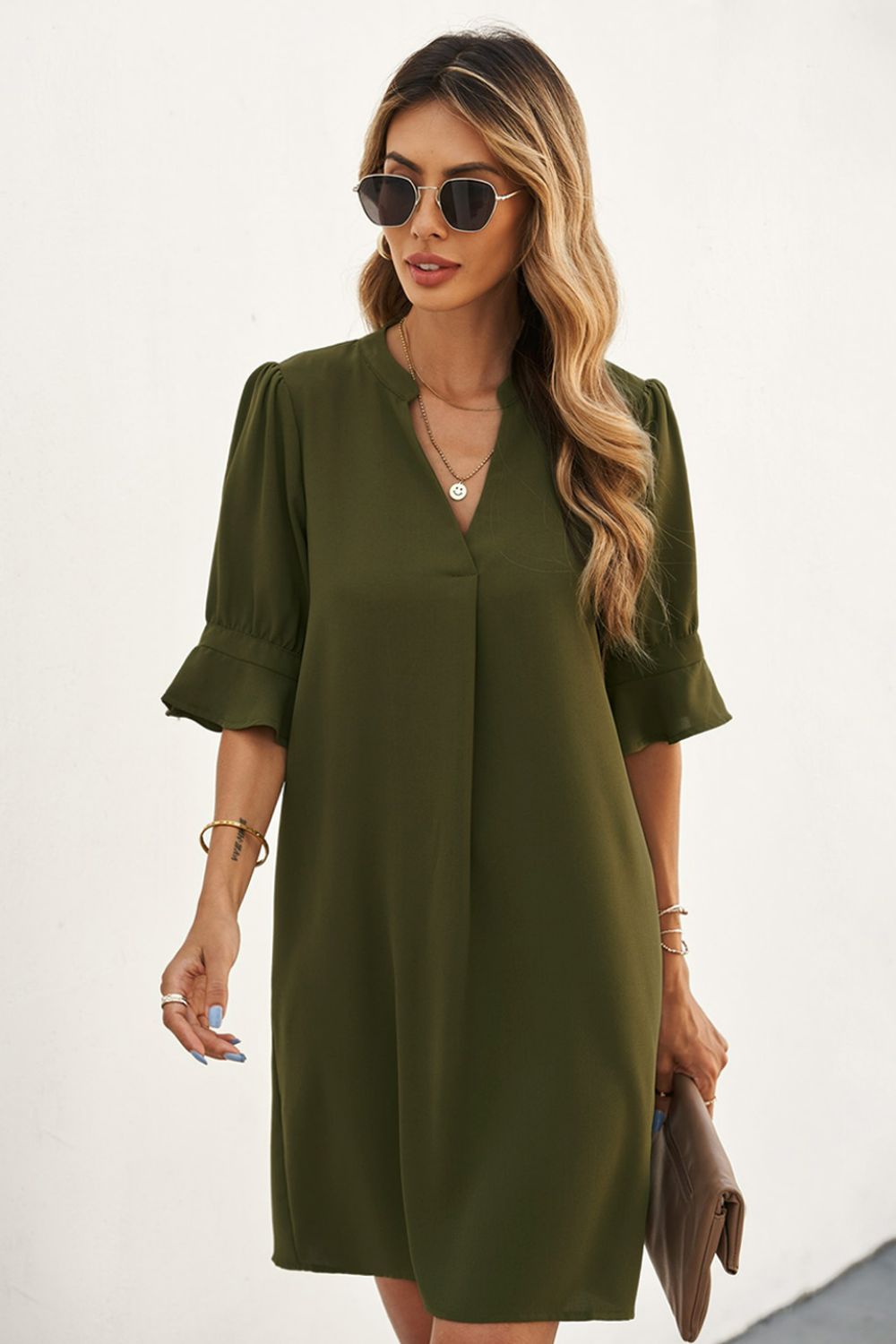 Puff Sleeve Notched Mini Shift Dress - Green / S