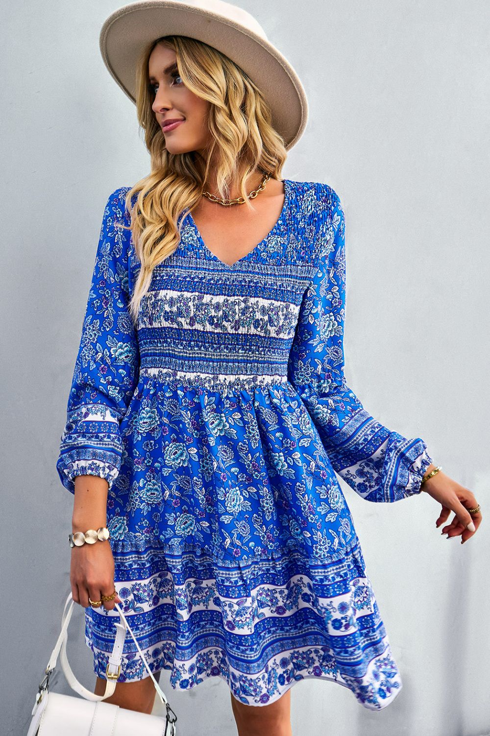 Bohemian V-Neck Balloon Sleeve Dress - Blue / S