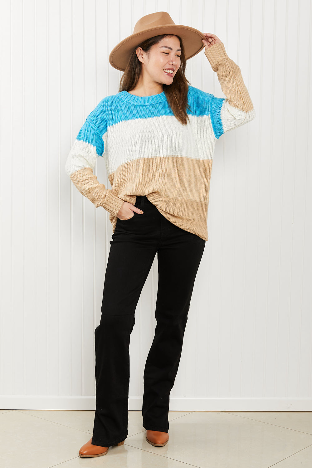 Sew In Love Full Size Color Block Exposed Seam Sweater -