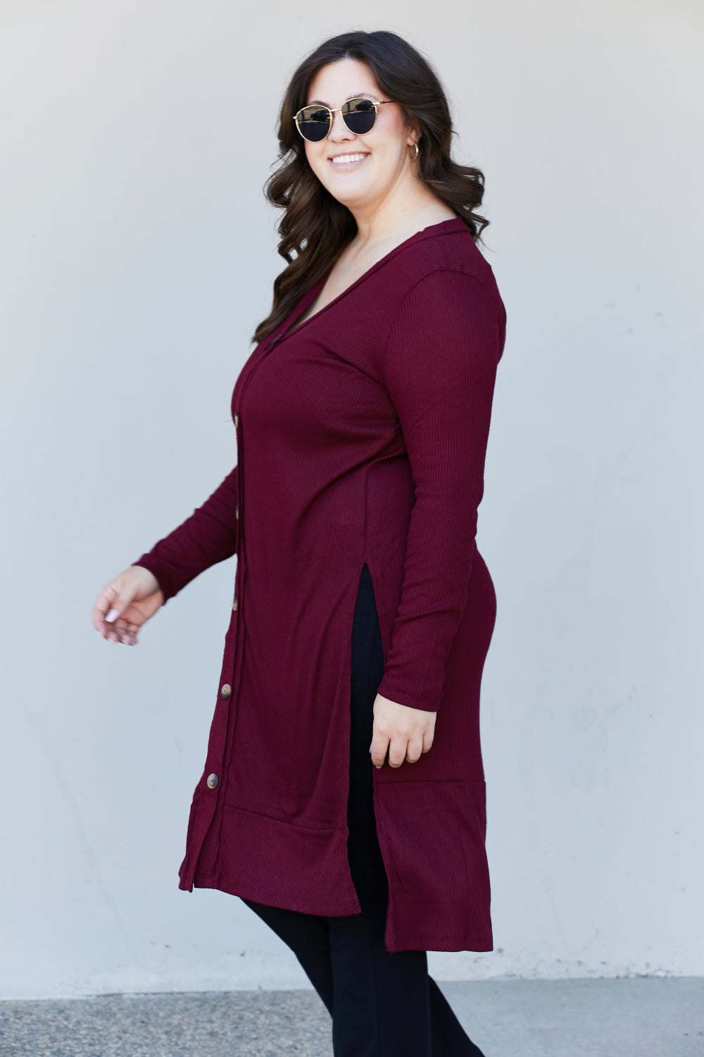 Zenana Autumn Aura Full Size Ribbed Longline Cardigan in Dark Burgundy -