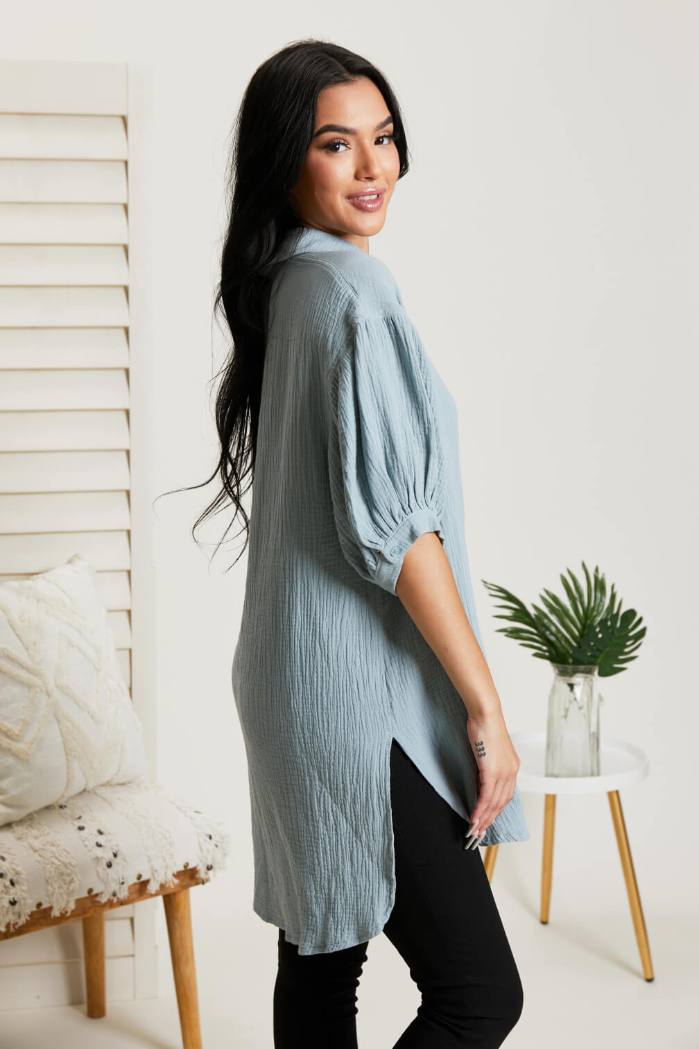 GeeGee La La Land Gauze Button-Up Tunic in Sage -