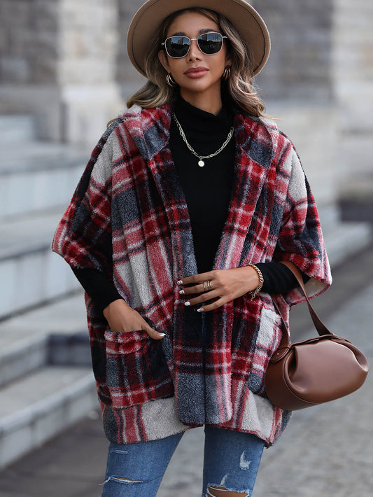 Plaid Half Sleeve Open Front Hooded Fleece Jacket - Plaid / S