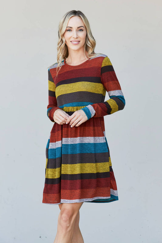 Heimish Full Size Striped Pleated Dress - Rust/Multi / S