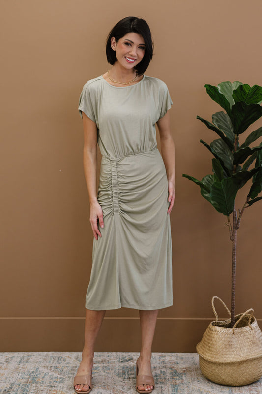 Doe & Rae Romance Language Ruched Midi Dress - Dusty Sage / S