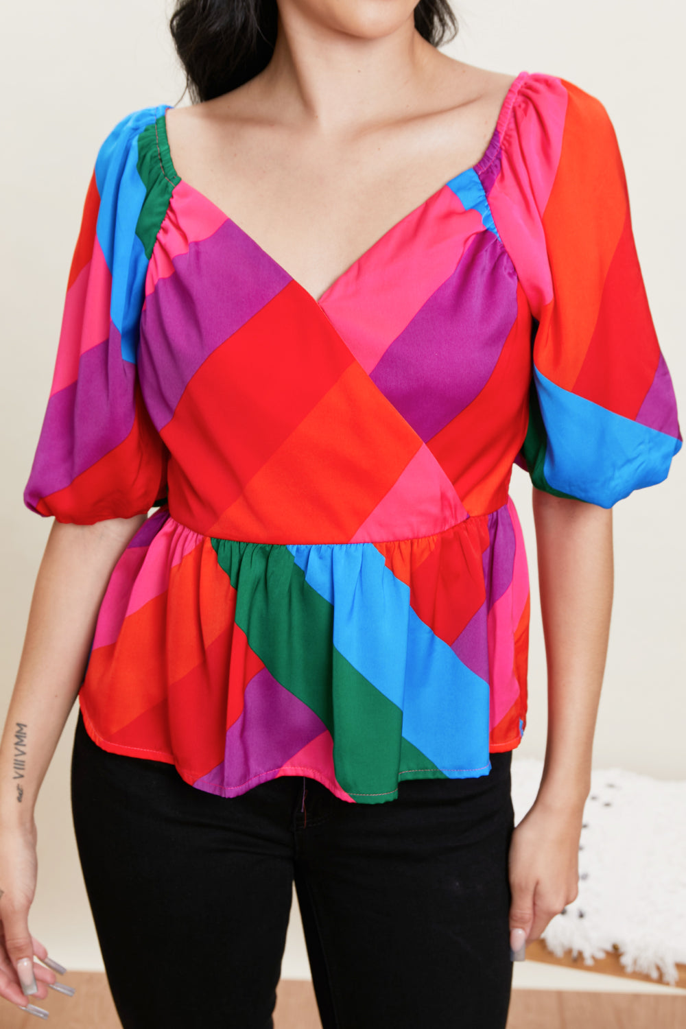 Skies Are Blue Colorful Day Color Block Peplum Top -