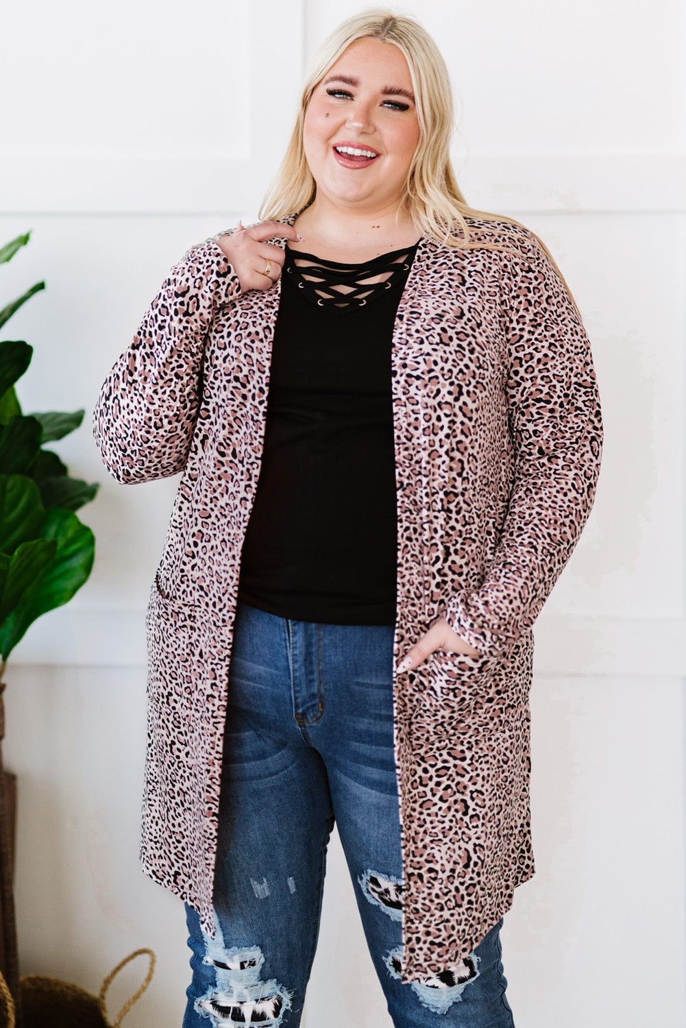 Plus Size Leopard Open Front Cardigan with Pockets - Leopard / 1X