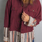 Striped Frayed Hem Corduroy Jacket - Wine / S
