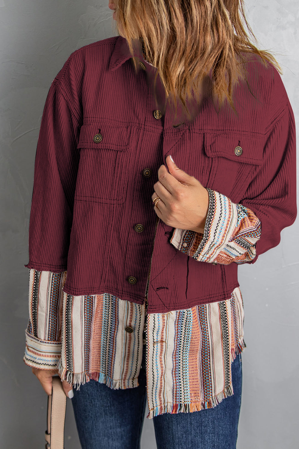 Striped Frayed Hem Corduroy Jacket - Wine / S