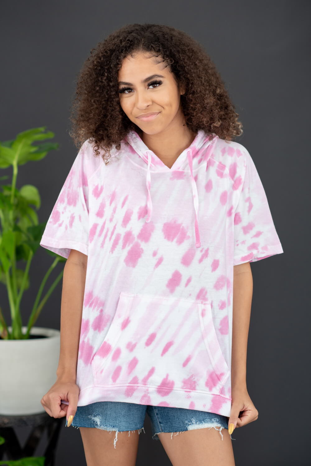 Sew In Love Watching Clouds Tie-Dye Short-Sleeved Hoodie in Neon Pink -