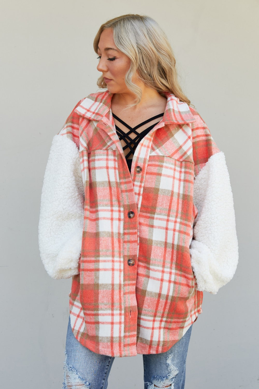 Davi & Dani Somewhere in Seattle Plaid Teddy Sleeve Shacket -