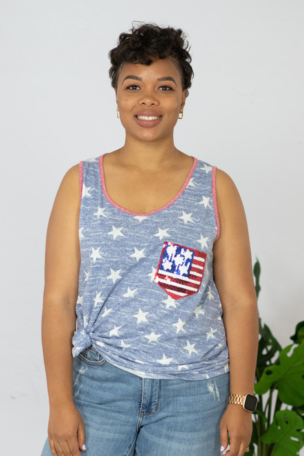 e. Luna Star Spangled Printed Sequin Pocket Tank -