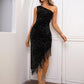 Sequin Asymmetrical Fringe Hem One-Shoulder Dress -