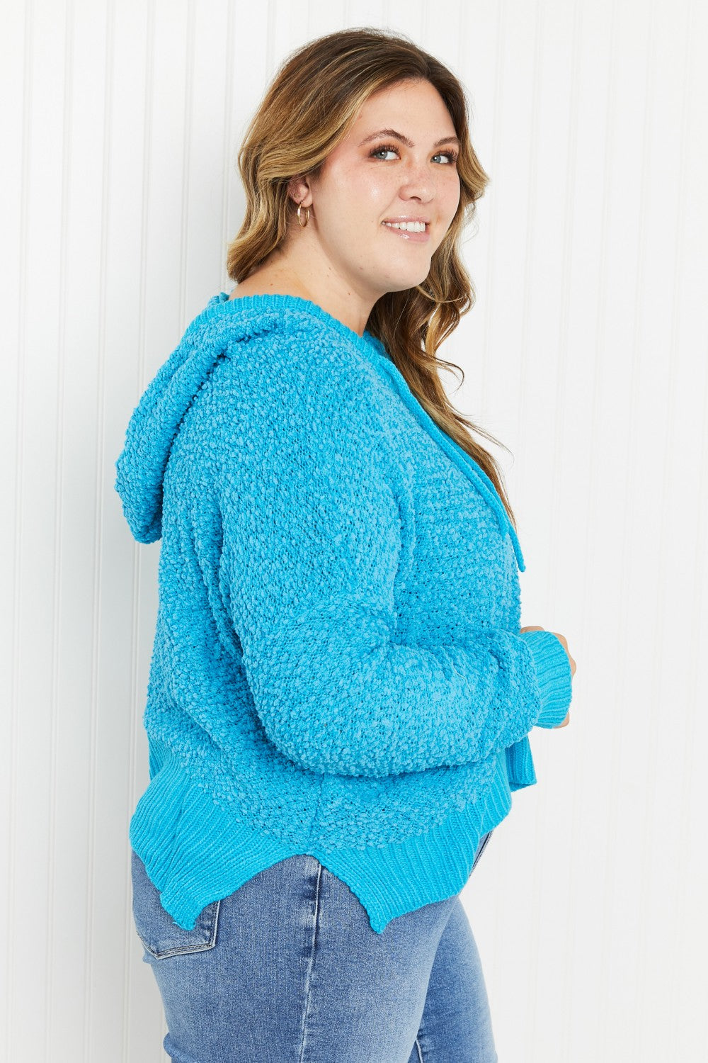 POL Game Night Full Size Textured Knit Hoodie in Pool Blue -