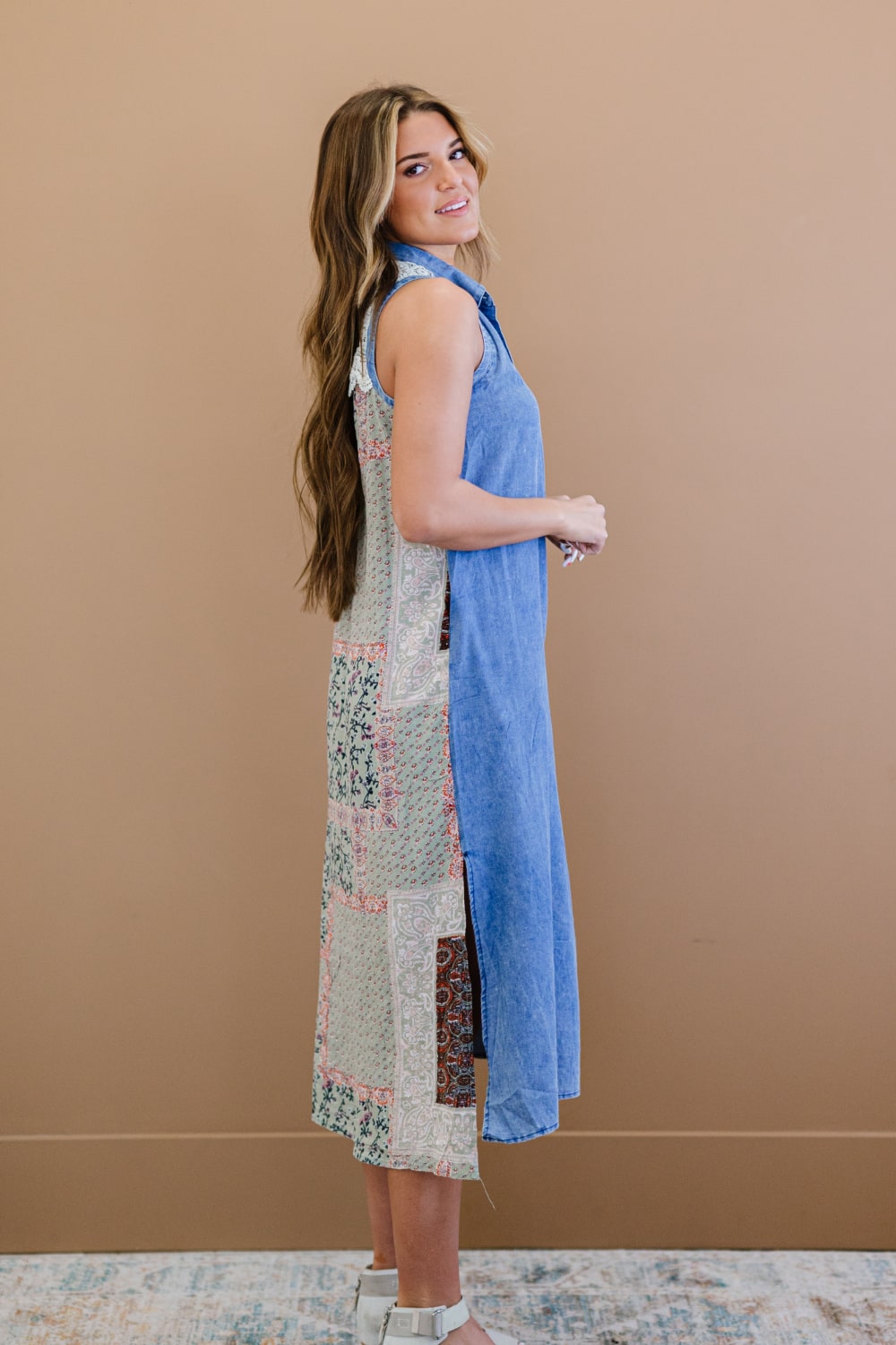 ODDI Amazingly Artistic Patchwork Print Chambray Dress -