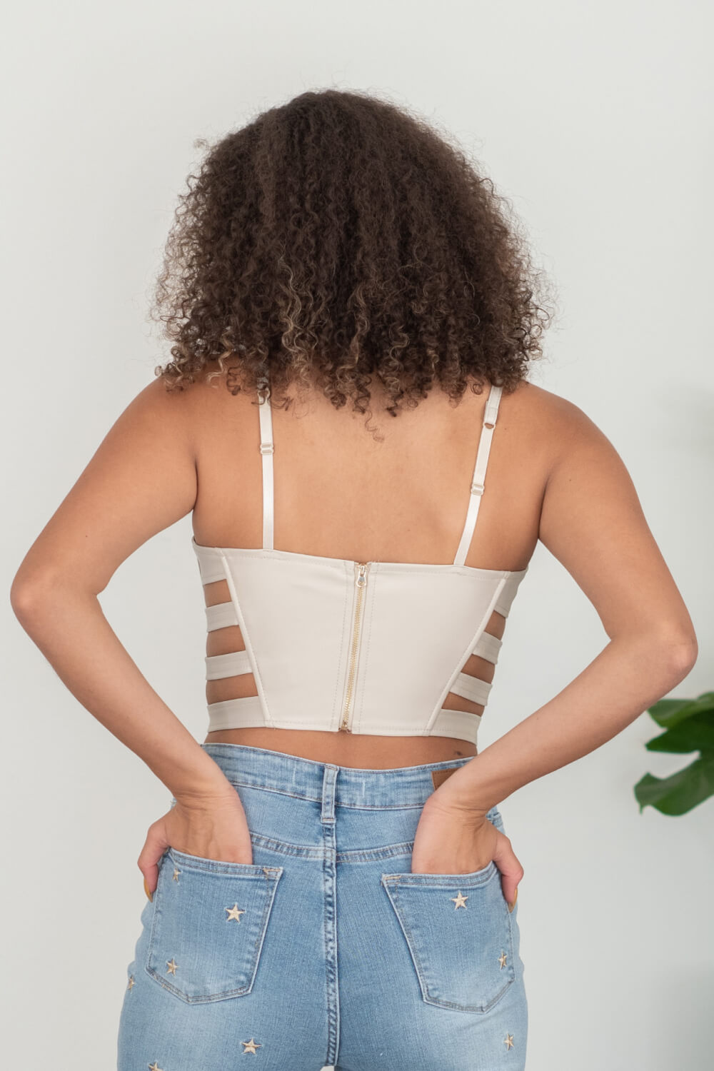 SHOPIRISBASIC Ready to Go Faux Leather Strappy Bustier Crop Top in Oyster -