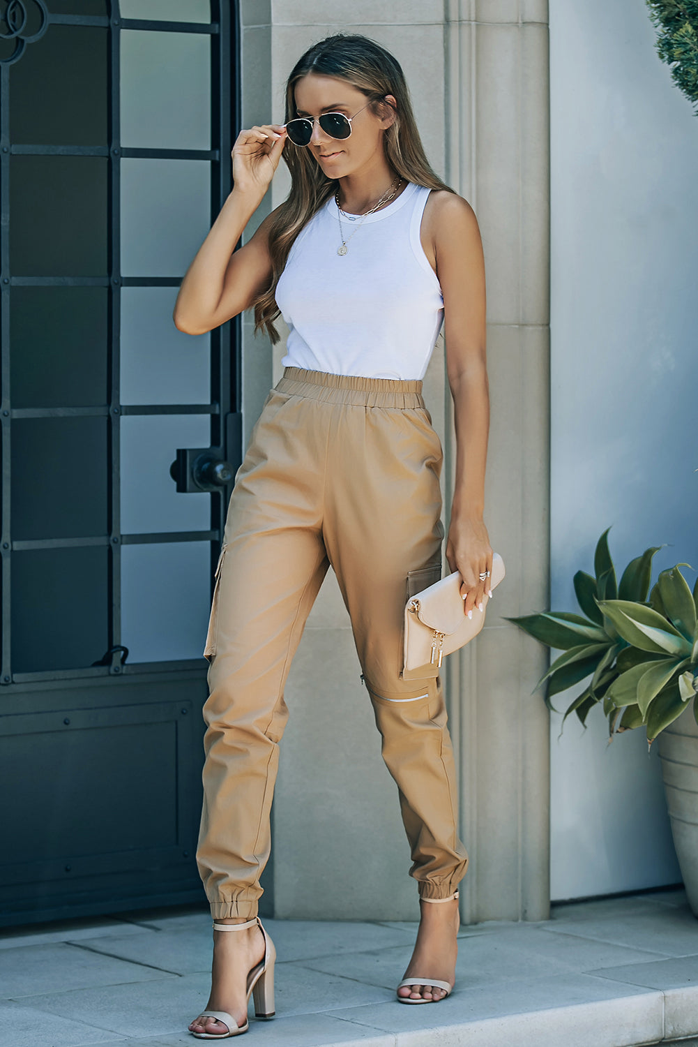 Elastic Waist Ankle-Length Cargo Joggers -