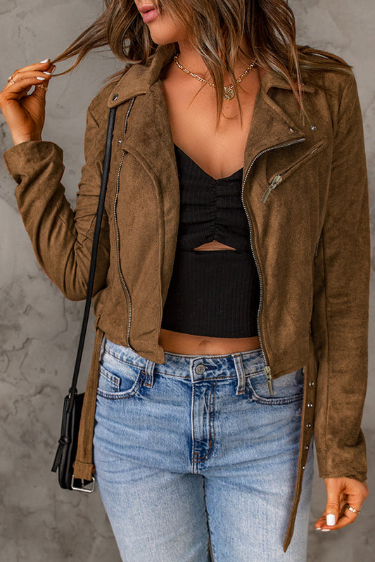 Vegan Suede Zip Detail Jacket - Brown / S