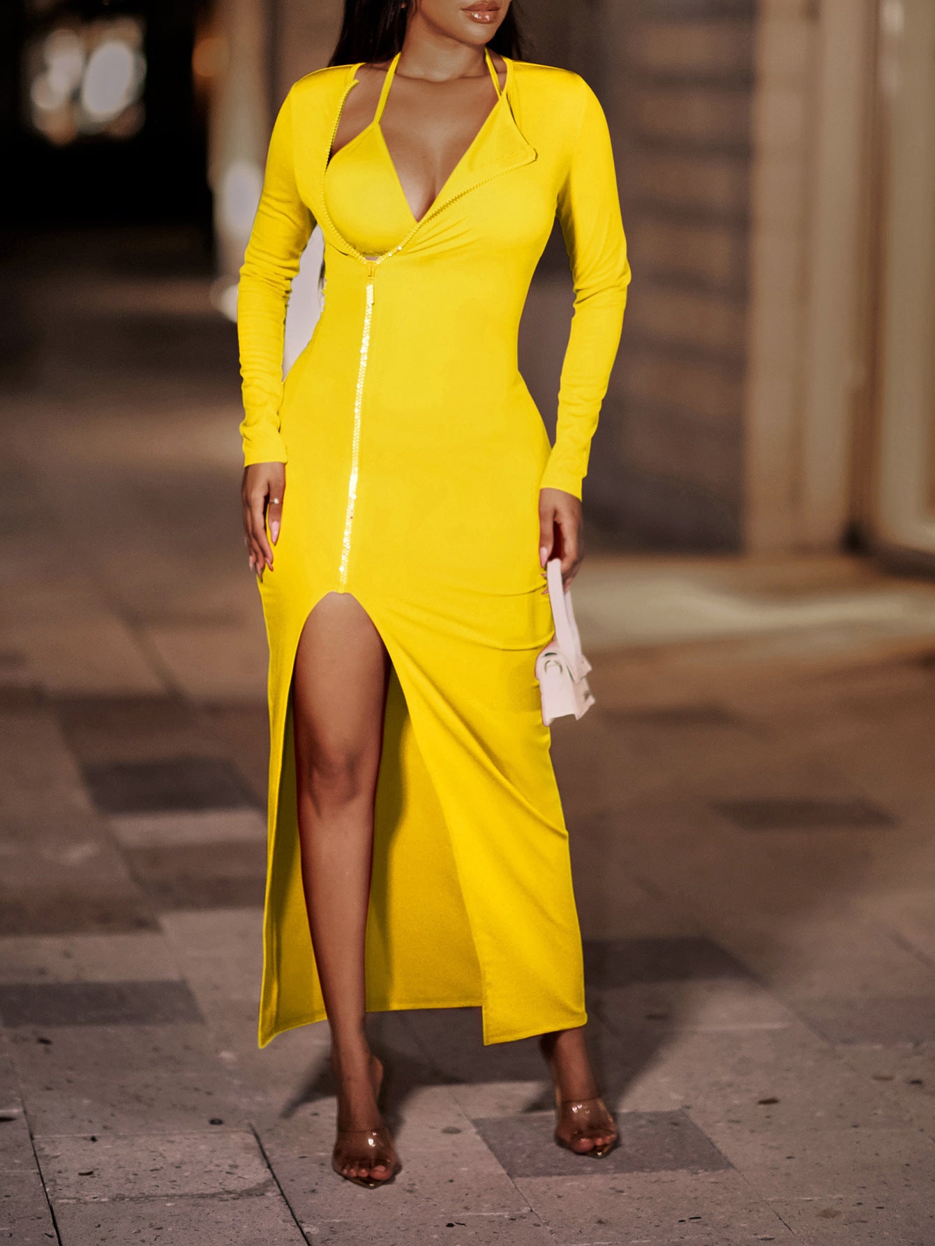 Zip Up Split Maxi Dress - Yellow / S