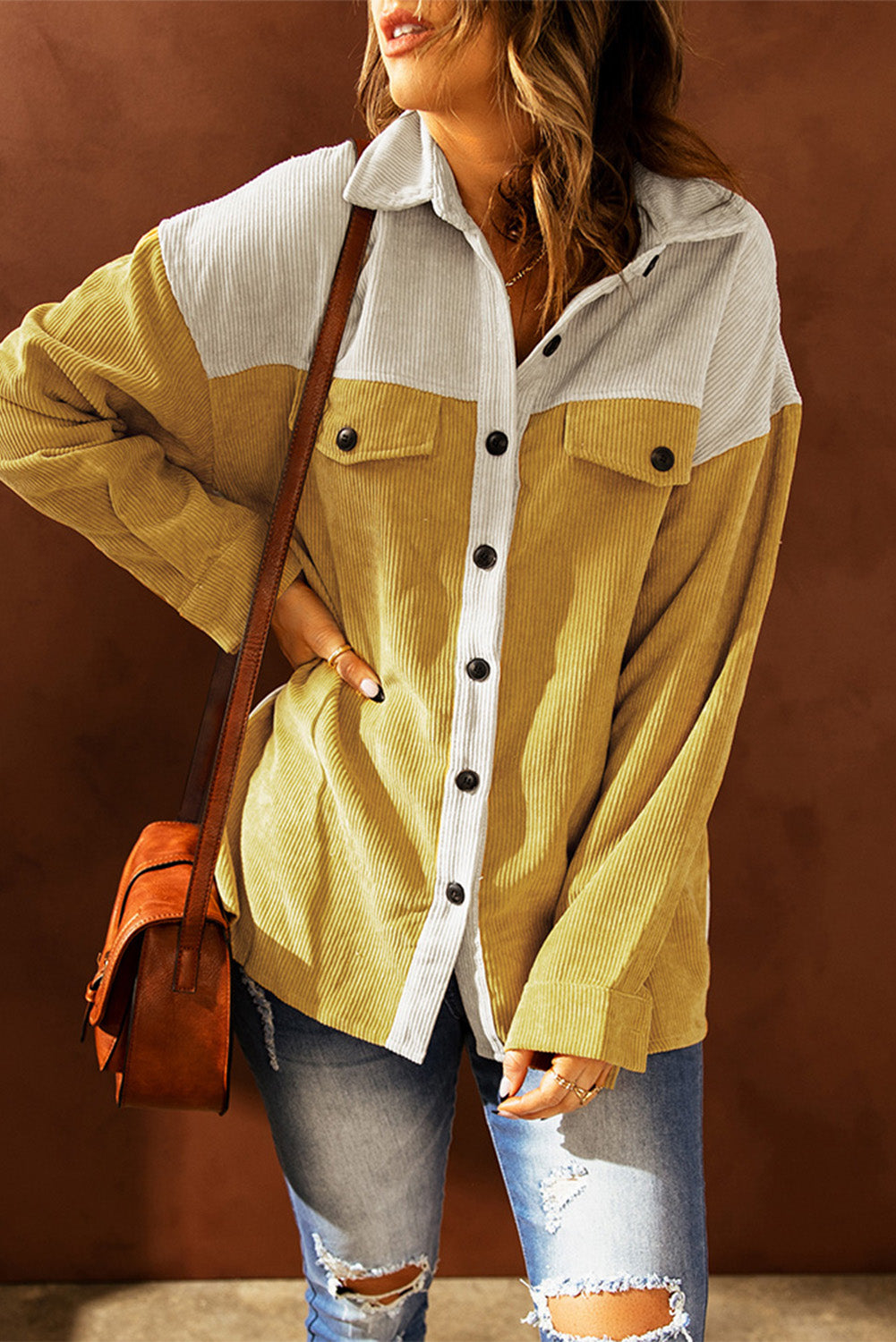 Color Block Button Front Corduroy Shirt Jacket -