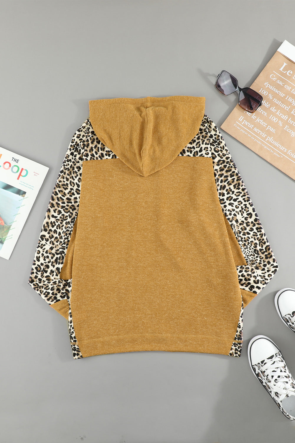 Leopard Print Sleeve Drawstring Hoodie -