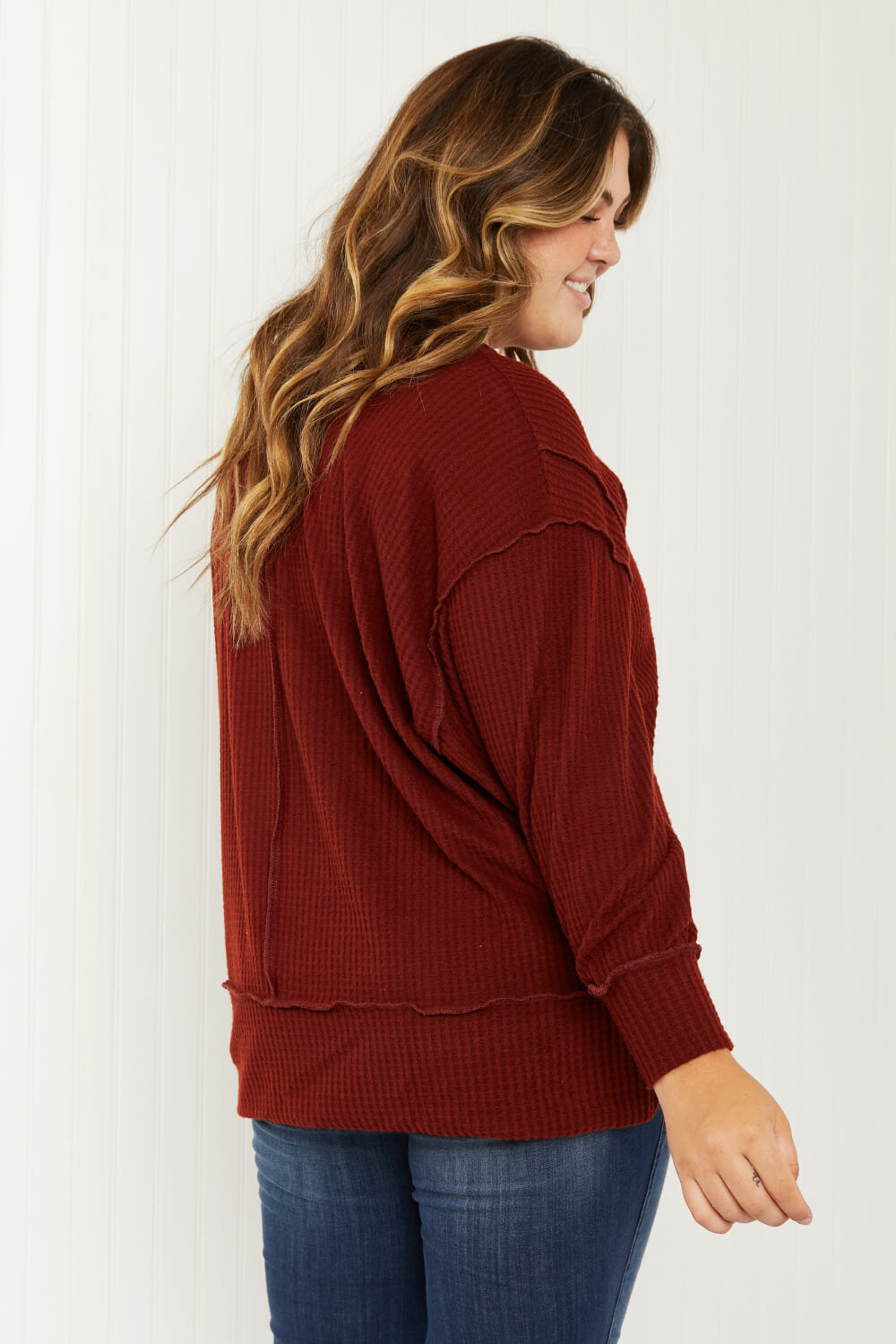 Zenana Alta Heights Full Size Waffle Knit Exposed Seam Sweater -