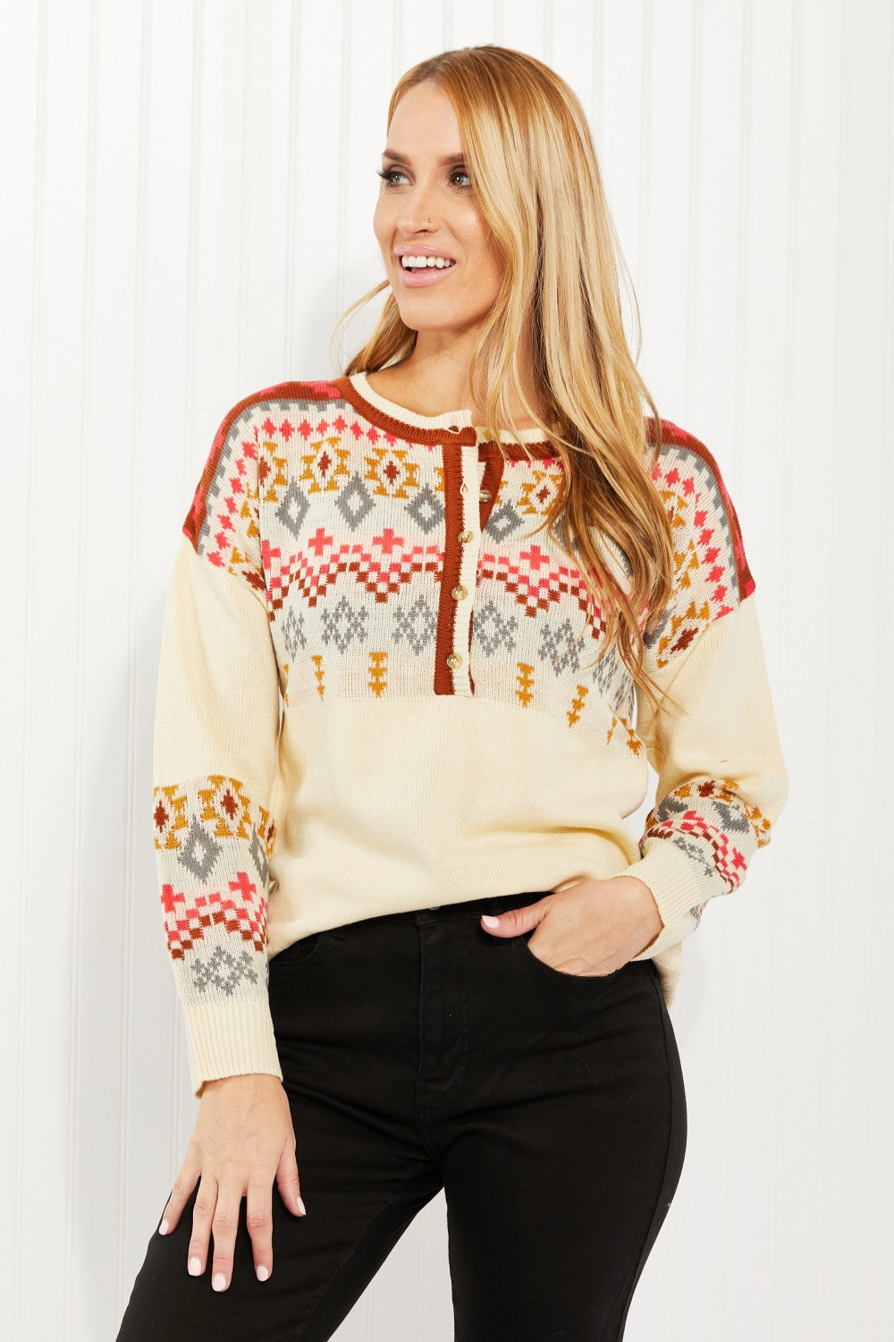 Andree by Unit Full Size Geometric Half-Button Henley Sweater -