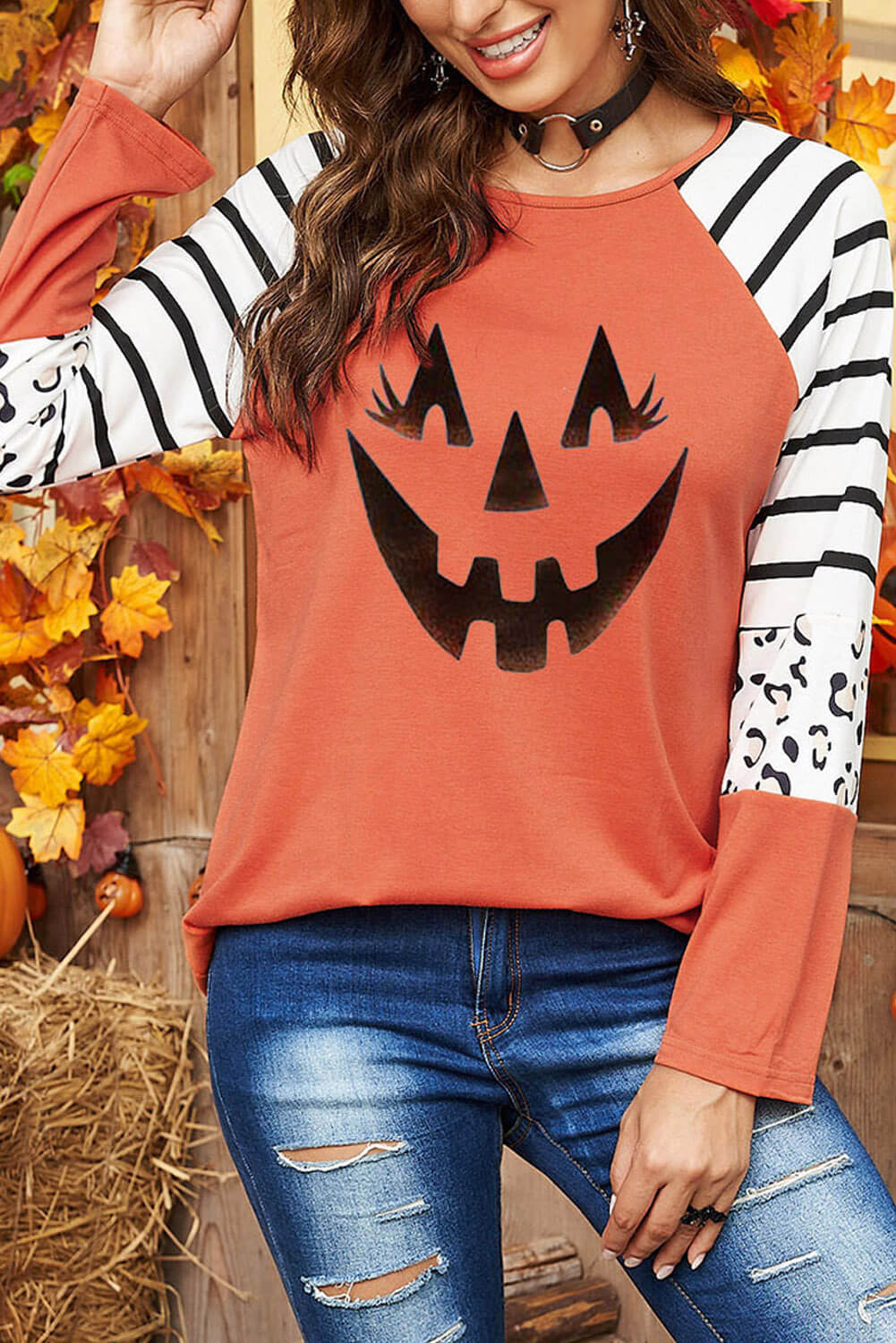 Halloween Graphic Mixed Print Raglan Sleeve Top -