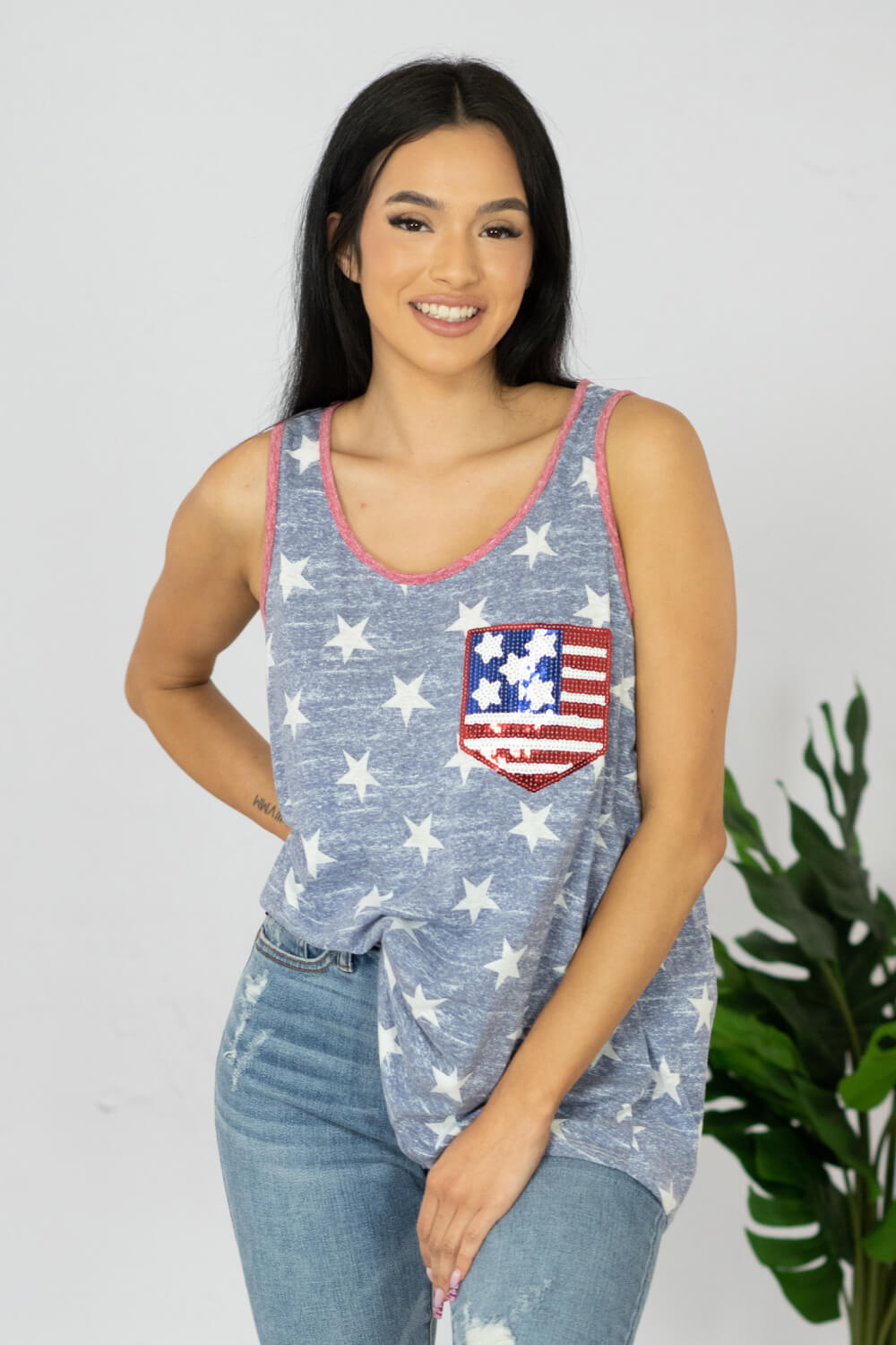 e. Luna Star Spangled Printed Sequin Pocket Tank - Red/Navy / S