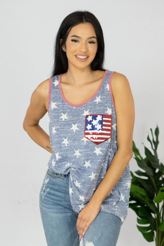 e. Luna Star Spangled Printed Sequin Pocket Tank - Red/Navy / S